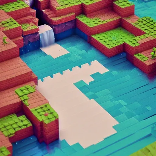 Prompt: a beautiful waterfall, 3 d voxel art, pastel tones