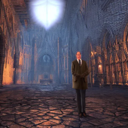 Prompt: Mister Rogers in Dark Souls III Anor Londo, photorealistic, volumetric lighting