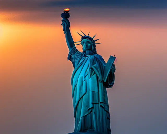 Prompt: 4 k hd, high resolution photograph of statue of liberty at sunrise, shot with sigma f / 4. 2, 2 5 0 mm sharp lens, wide shot, volumetric lighting, high level texture render