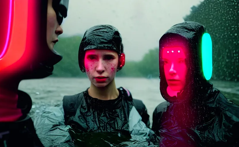 Image similar to cinestill 5 0 d candid photographic portrait by helen levitt of two cyborgs wearing rugged neon pink mesh techwear in treacherous waters, extreme closeup, modern cyberpunk moody depressing cinematic, pouring rain, 8 k, hd, high resolution, 3 5 mm, f / 3 2, ultra realistic faces, ex machina