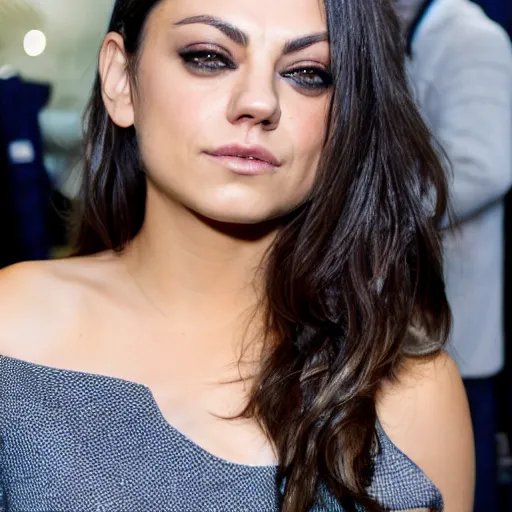 Image similar to Mila Kunis at a fashion show, full-body portrait, clothed, EOS-1D, f/1.4, ISO 200, 1/160s, 8K, RAW, unedited, symmetrical balance, in-frame