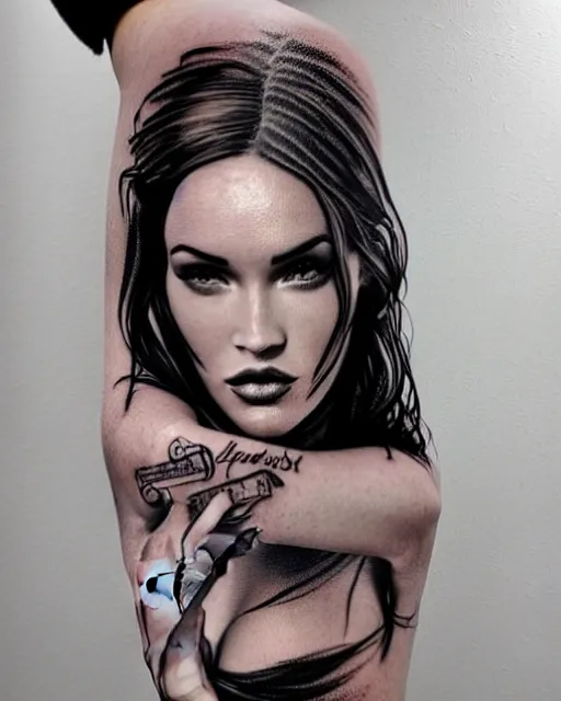 Prompt: double exposure effect tattoo design sketch of megan fox with beautiful mountains, realism tattoo, in the style of den yakovlev, amazing detail, sharp