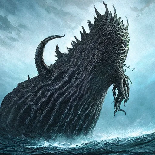 Image similar to sea beast of the depths in the style of michael whelan and h. p. lovecraft. hyperdetailed photorealism by greg rutkowski