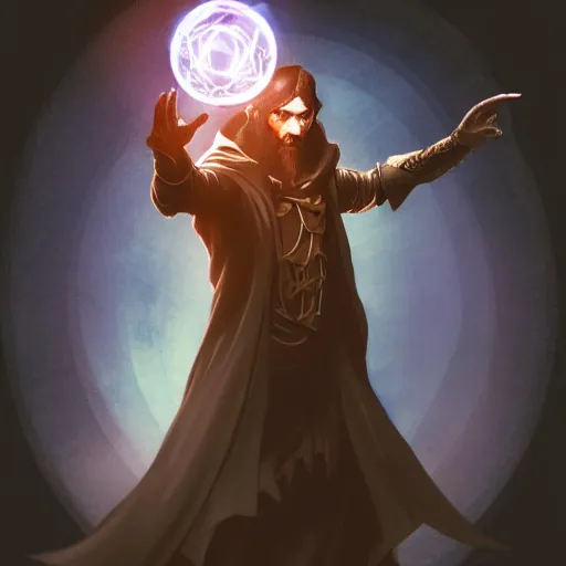 Image similar to a warlock is casting a magic spell, with magic orb floating in his hand , dynamic pose, natural lighting, medium level shot, Mucha style , Grim fantasy, illustration ,concept art,