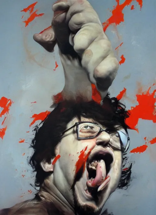 Prompt: bloated red faced sam hyde, screaming, painting by phil hale, fransico goya,'action lines '!!!, graphic style, visible brushstrokes, motion blur, blurry