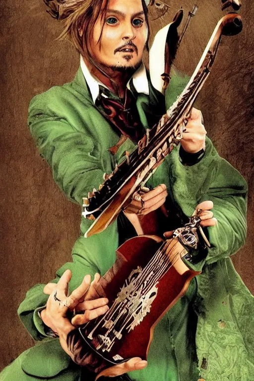 Prompt: Breathtaking comic book style of Johny Depp portrayed as a Dungeons and Dragons bard, playing the lute and wearing a pale green jacket in the style of Ralph Dorsey