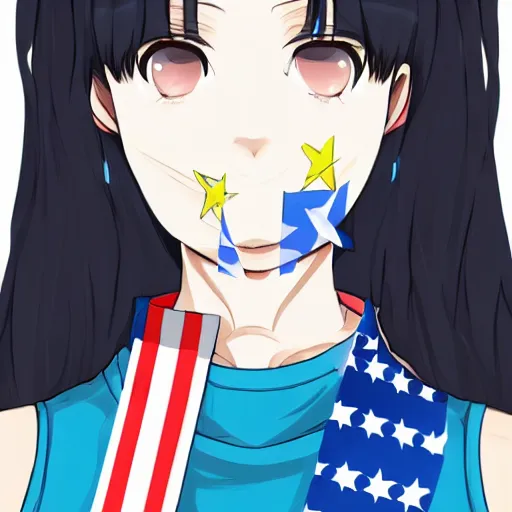 Prompt: a woman in a blue shirt with an american flag on her face, an anime drawing by ei - q, featured on pixiv, superflat, flat colors, anime