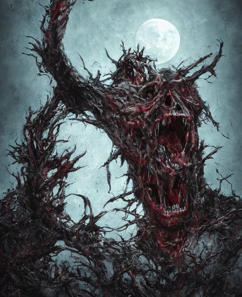 Image similar to moon made from thousands of rotten demonic bloody corpses of Nicolas Cage, body horror, flesh, blood, grotesque hell, highly detailed, vivid colors, dark shadows, contrast, concept art, sharp focus, digital art, Hyper-realistic, 4K, Unreal Engine, Highly Detailed, Dramatic Lighting, Beautiful, by Brom, bastien lecouffe-deharme