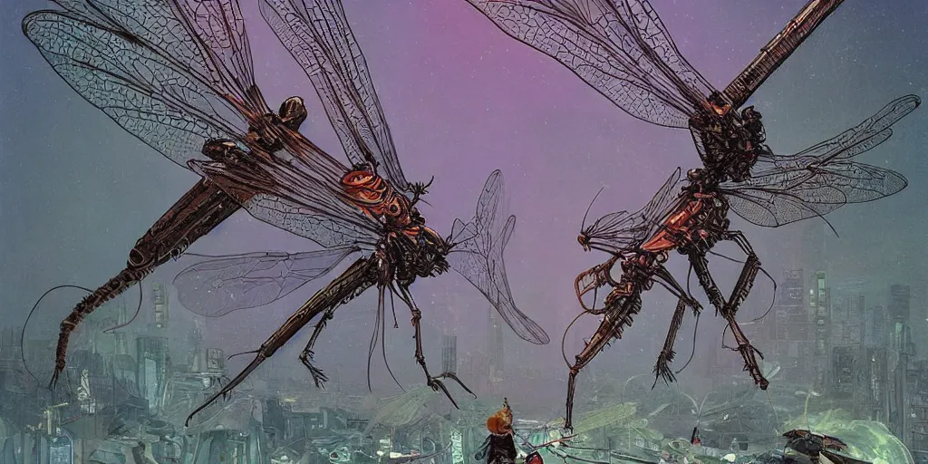 Prompt: stylised giant dragonfly with few element of cyberpunk armor attacking very tiny dark creatures in fantasy jungle, by moebius!!!!, victo ngai!!!!, cinematic view!!!, dynamic lighting, night mood!!!!