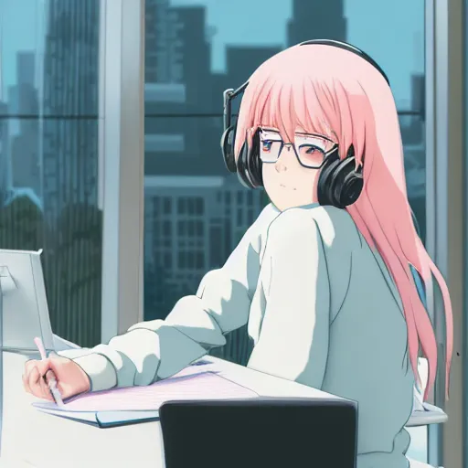 Image similar to high definition anime portrait of an anime girl with pastel colored hair sitting at a desk studying with headphones on, background is a window looking out into a busy Tokyo district, lo-fi art, by Studio Ghibli, trending on artstation, sharp high quality anime, digital art, photoshop, proportionate, ambient lighting