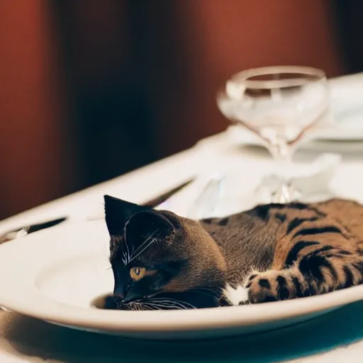 Image similar to A photo of a cat wearing a bowtie sitting in a fancy and expensive gourmet restaurant and eating a plate of cat food. f/2.8, dim lighting, award winning photo