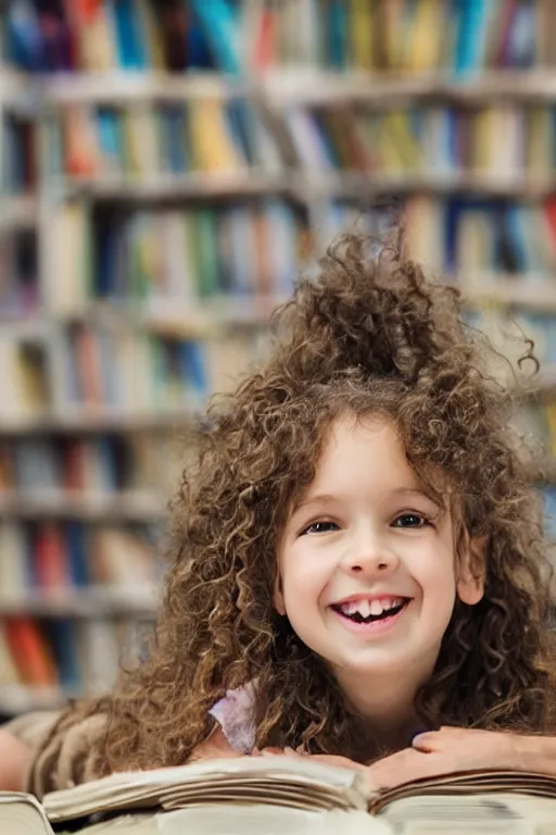 Prompt: a little girl with wavy curly light brown hair sits on a tall pile of books.