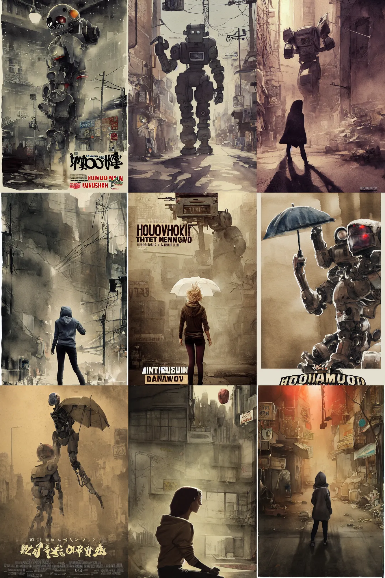 Prompt: incredible movie poster, simple watercolor, soft bloom lighting, paper texture, movie scene, distant shot of hoody girl side view sitting under a parasol in deserted dusty shinjuku junk town, old pawn shop, bright sun bleached ground , happy muscle robot monster lurks in the background, animatronic, black smoke, pale beige sky, junk tv, texture, strange, impossible, fur, spines, mouth, pipe brain, shell, brown mud, dust, overhead wires, telephone pole, dusty, dry, pencil marks hd, 4k, remaster, dynamic camera angle, deep 3 point perspective, fish eye, dynamic scene