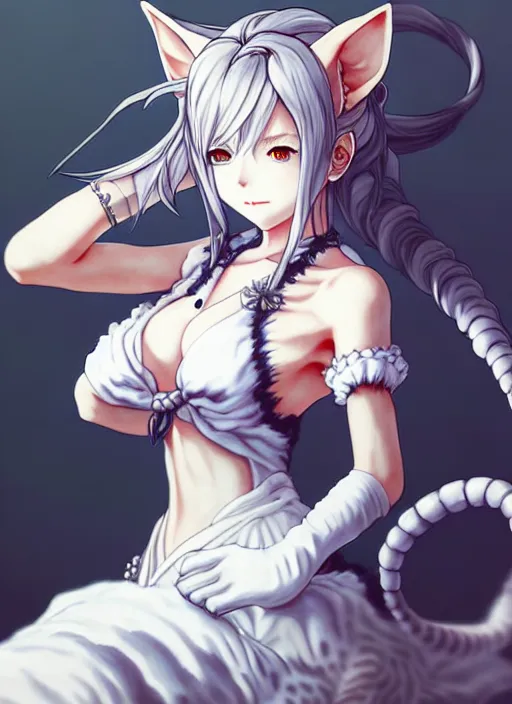 Image similar to a portrait of nekomimi wearing white dress an ultrafine detailed painting, detailed painting, detailed eyes!!, final fantasy octopath traveler lovecraft no hands ghibly