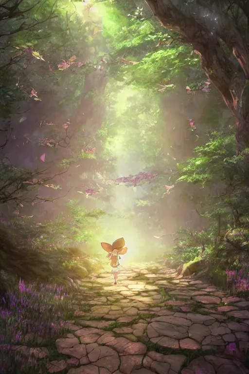 Image similar to forest path, fairy, beautiful ancient trees, hiding large treasure chest, glowing fireflies, serene evening atmosphere, soft lens, soft light, cel - shading, animation, in the style of cgsociety, deviantart, artstation, zbrush, cinema 4 d, studio ghibli, akihiko yoshida, atelier lulua, masamune shirow