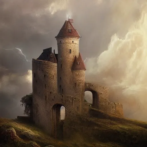 Prompt: a beautiful painting of a castle by Michal Karcz, featured on artstation, breathtaking clouds, thunderstorm, lighting study