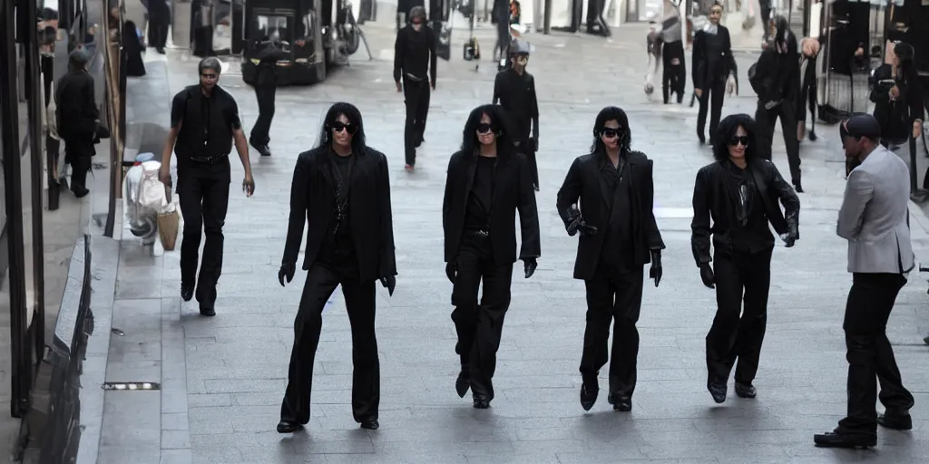 Image similar to michael jackson 2 0 0 9 wearing shades, alone, this is it style, photo real, motion blur, spotted with body guards in london across the road, walking, in the distane, by himself, real life, spotted, ultra realistic face, accurate, 4 k, movie still, uhd, sharp, detailed, cinematic, render, modern