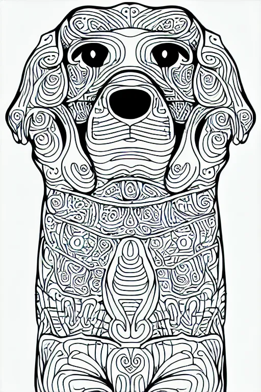 Prompt: dog chart cat statue ornaments fractal ink drawing line art colouring page, vector, margins, fine lines, centered