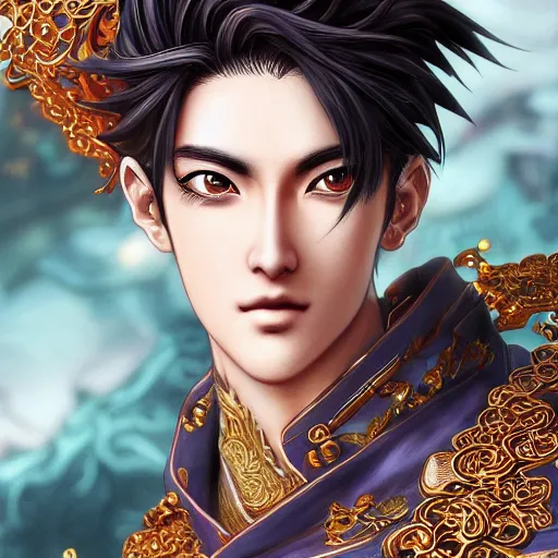 Prompt: an immortal xianxia cultivator as an absurdly handsome, elegant, young anime man, ultrafine hyperrealistic detailed face illustration by kim jung gi, irakli nadar, intricate linework, sharp focus, bright colors, matte, final fantasy, unreal engine highly rendered, global illumination, radiant light, intricate environment