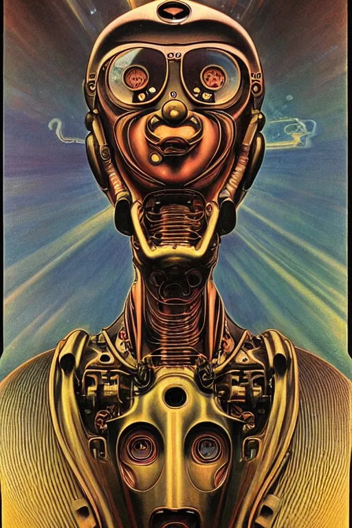 Prompt: 1 9 6 9 hippy robot, dmt, large metal mustache, muted colors, benevolent, nebula background, glowing eyes, detailed realistic surreal retro robot in full regal attire. face portrait. art nouveau, visionary, baroque, giant fractal details. vertical symmetry by zdzisław beksinski, alphonse mucha. highly detailed, realistic