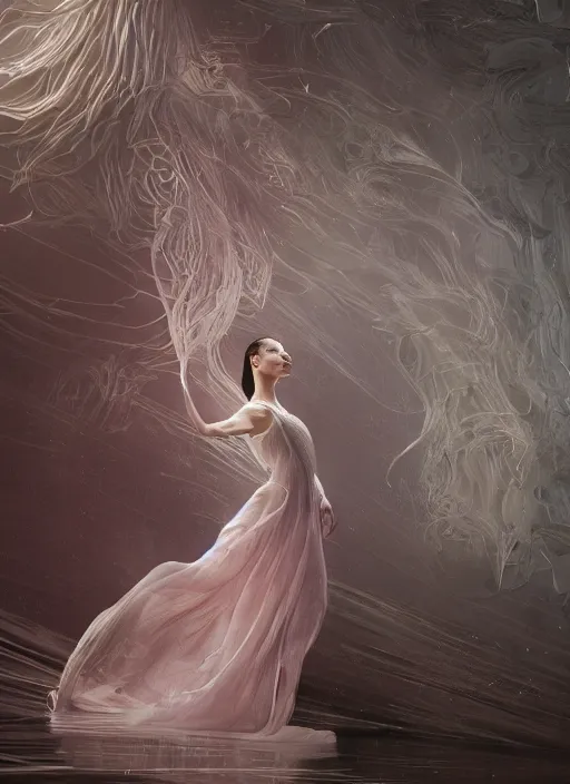 Image similar to portrait of a ballerina in a long flowing gown. intricate abstract. intricate artwork. by tooth wu, wlop, beeple, dan mumford. trending on artstation, greg rutkowski very coherent symmetrical artwork. cinematic, hyper realism, high detail, octane render, 8 k, iridescent accents