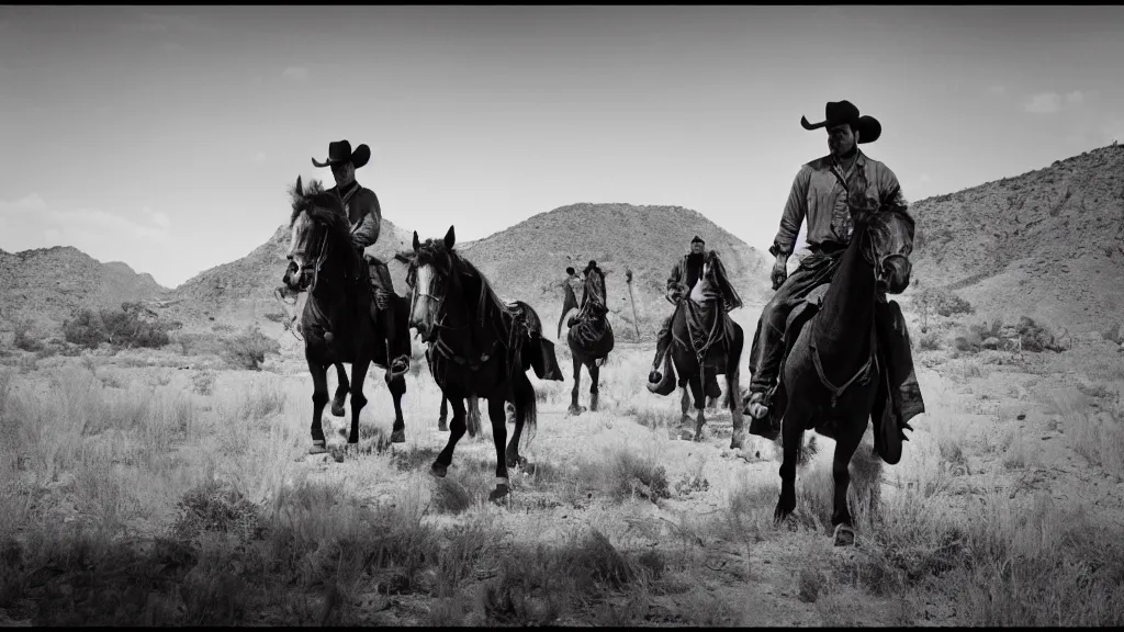 Prompt: a film still from a western movie in mexico, black and white, wide lens,