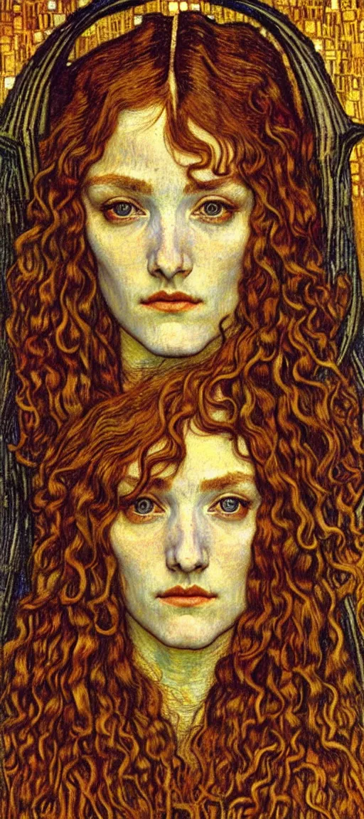 Image similar to detailed realistic beautiful young medieval queen face portrait by jean delville, gustav klimt and vincent van gogh, art nouveau, symbolist, visionary, gothic, pre - raphaelite, muted earthy colors, desaturated