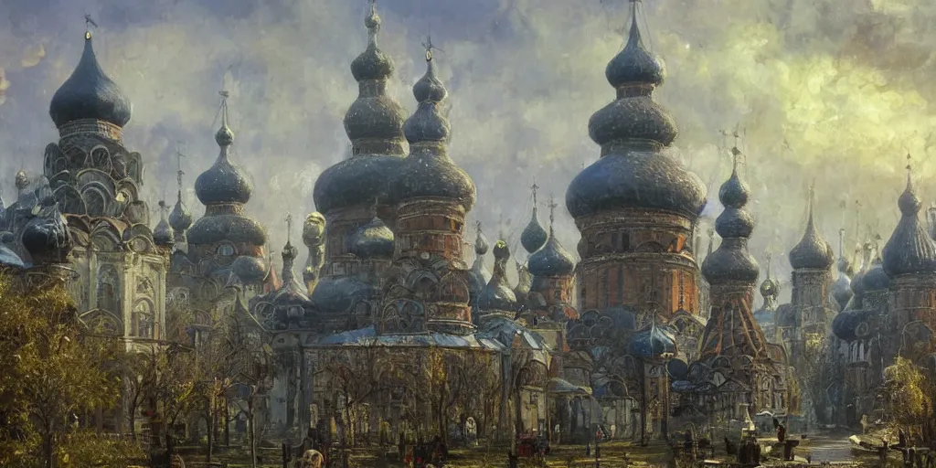 Image similar to beautiful magical ancient Slavic city of Kitezh, magic mist, strange buildings, oil painting, magic lights, painting by Viktor Vasnetsov, concept art, fantasy cityscape, ancient Russian architecture, painting by Ivan Shishkin, hyperborea, high resolution, trending on artstation,