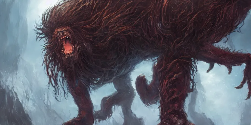 Prompt: Gigantic quadruped monster with hair like fingers, high quality fantasy horror art, 4k