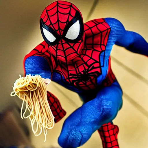 Prompt: close up zoom photo of spiderman eating noodles