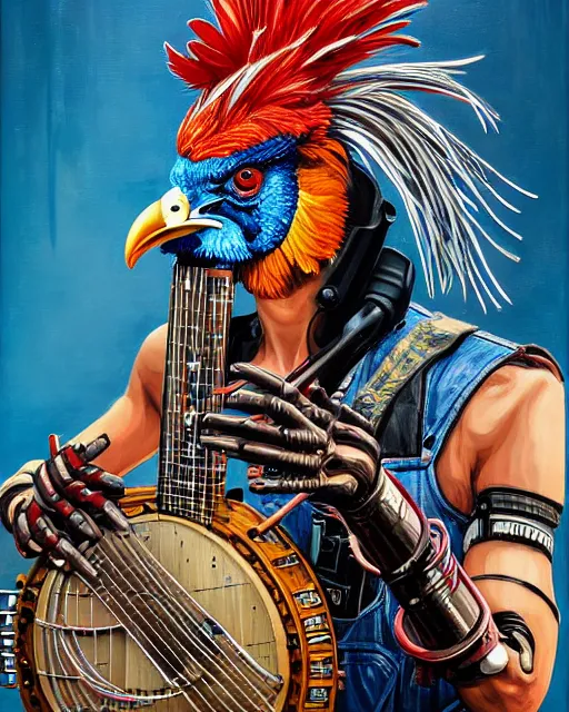 Prompt: a portrait of an anthropomorphic cyberpunk rooster playing a banjo by sandra chevrier, by jon foster, detailed render, tape deck, epic composition, cybernetics, 4 k realistic, cryengine, realistic shaded lighting, sharp focus, masterpiece, by enki bilal