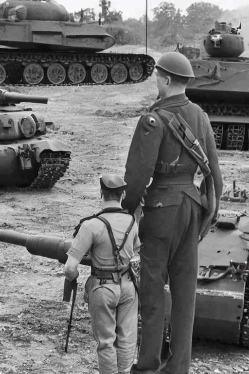 Image similar to A man in power armor stands behind a World War II soldier in a general photo near a tank, old photo, realism, attention to detail