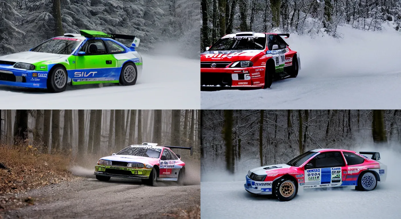 Prompt: a 2 0 0 0 nissan silvia spec - r, racing through a rally stage in a snowy forest