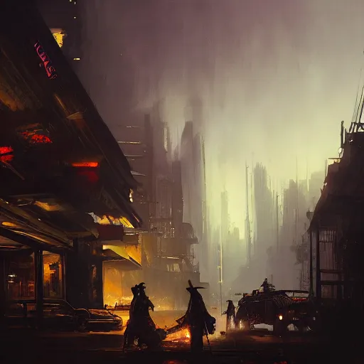 Image similar to cyberpunk wild west, dramatic lighting, city background, chiaroscuro, high detail, painted by greg rutkowski, painted by igor kieryluk, painted by bobby chiu, trending on artstation