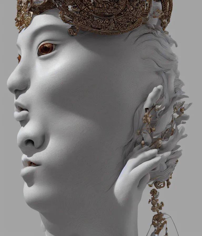 Prompt: hyper realistic portrait photo of ameterasu the sun goddess of japan, portrait shot, porcelain white face, intricate detail, octane render