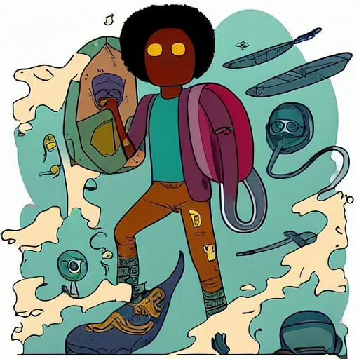 Image similar to “in the style of Moebius and ghostshrimp a young mixed race male explorer, highly detailed, adventure time colour palette”