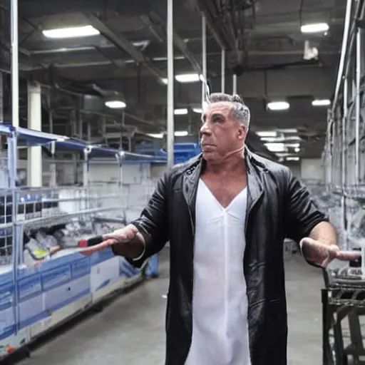 Image similar to till lindemann inspecting a factory which produces clones of putin