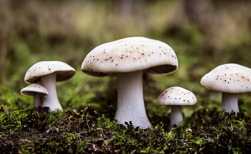 Image similar to a photography from afar of a creepy mushroom family, terrifying, photorealistic, 2 4 mm