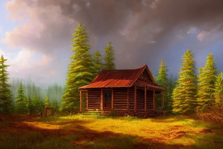 Prompt: small wooden cabin in the distance in pine forest, clouds, national geographic, beautiful nature, trees, very detailed, focused, oil painting, colorful, cinematic lighting, canvas, artstation, Albert Bierstadt, Sydney Mortimer Laurence