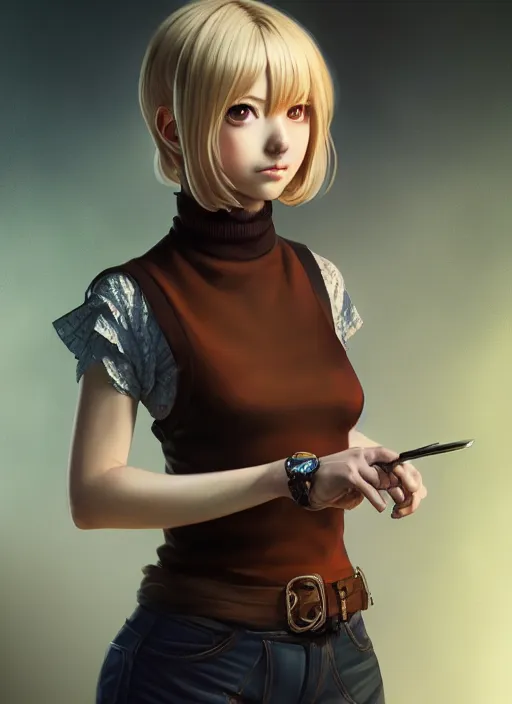 Image similar to portrait of a full body of beautiful young female detective, d & d, sleeveless turtleneck, fantasy, flat lighting, intricate, highly detailed, digital painting, artstation, concept art, smooth, sharp focus, illustration, misa amane, art by simon bisley and greg rutkowski and alphonse mucha, natural tpose