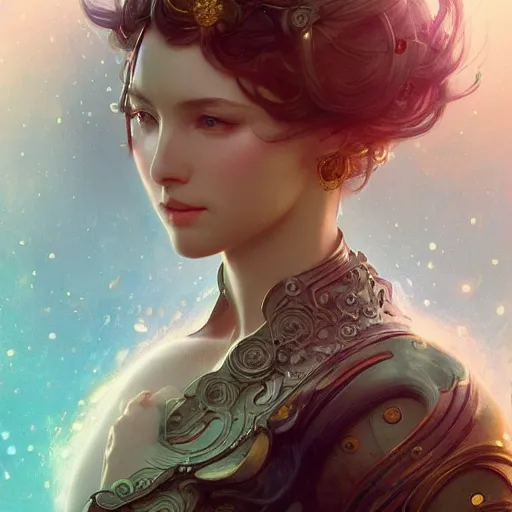 Image similar to beautiful android girl, fantasy, intricate, elegant, highly detailed, digital painting, artstation, concept art, wallpaper, smooth, sharp focus, illustration, art by artgerm and greg rutkowski and alphonse mucha