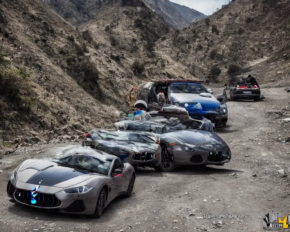 Image similar to maserati drifting in uttrakhand mountains with lamborghini indian police car chasing, cinematic, photography by alexey kurylev, rishikesh, movie, ultra detailed