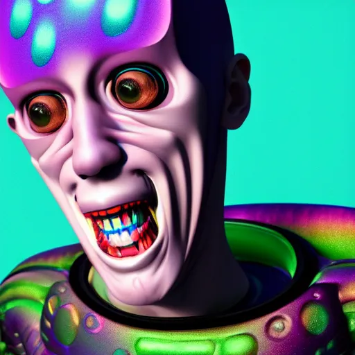 Prompt: a detailed 3 d render of a sad pete davidson poorly disguised as a cyborg in the style of junji ito and lisa frank, vray, 8 k, ornate, photorealistic, zbrush, unreal engine, cinema 4 d, octane renderer