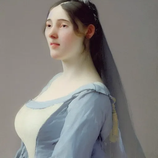 Image similar to a young woman’s face, her hair is white, she wears a long flowing blue satin veil, by ivan aivazovsky and and pieter claesz and paul delaroche and alma tadema and and willen claesz heda and aelbert cuyp and gerard ter borch, hyperrealistic, rendered in octane