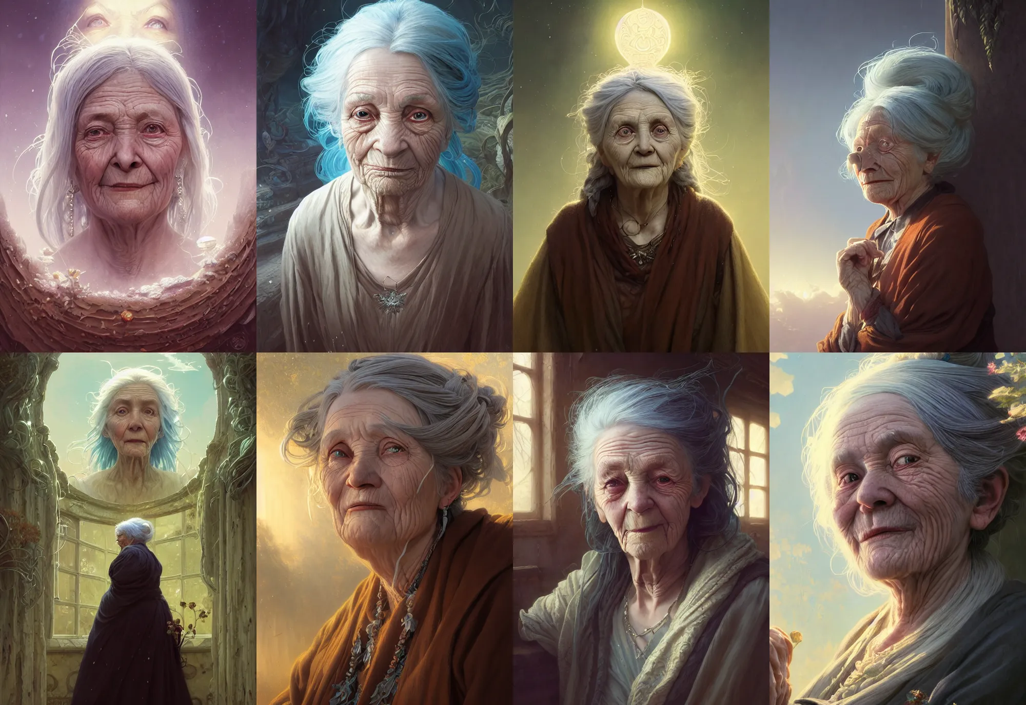 Prompt: highly detailed portrait of a very old woman with long hairs, stephen bliss, unreal engine, fantasy art by greg rutkowski, loish, rhads, ferdinand knab, makoto shinkai and lois van baarle, ilya kuvshinov, rossdraws, tom bagshaw, alphonse mucha, global illumination, radiant light, detailed and intricate environment