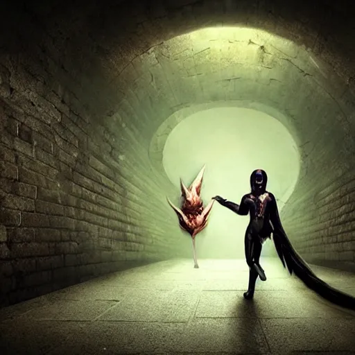 Image similar to a boy victim being intimidated by a succubus in a leather suit, devi wings, cracked brick wall, long hallway, light at the end of the tunnel, volumetric lighting, concept art, fantasy, dramatic lighting, daz, by mark ryden, hayao miyazaki
