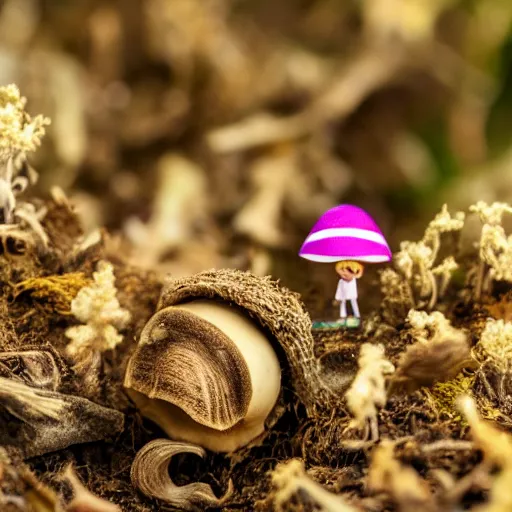 Prompt: tiny emma watson living under a mushroom. macro photography.