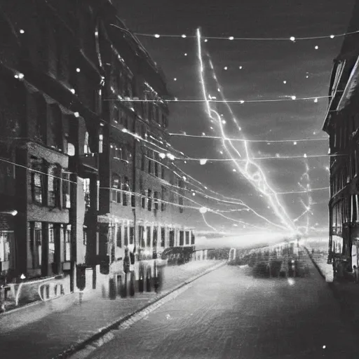 Prompt: grainy 1800s photo of a city street with flying drones and electricity sparking above