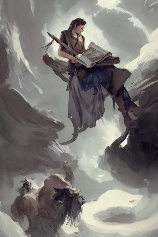 Image similar to concept art of fitzchivalry reading the book les antiseches du bonheur of jonathan lehmann, nighteyes is looking warmly over his shoulders, by aenaluck, artgerm and roberto ferri and greg rutkowski, blue and white tones, digital painting, artstation, concept art, smooth, sharp foccus ilustration hq