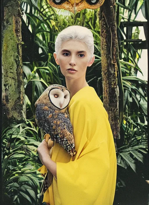 Prompt: grainy head to shoulder portrait Polaroid film photograph of an elegant top model wearing a yellow kimono with a very detailed barn owl on her shoulder!!! in a tropical greenhouse. looking at the camera!!. super resolution. Polaroid 600 film. art by Alessio albi and Annie Leibovitz.